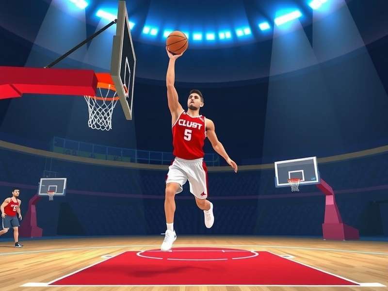 Basketball player dunking in a Roblox-style game