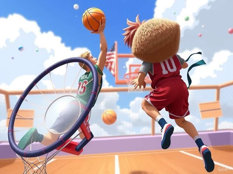 Basketball game action in an indoor court